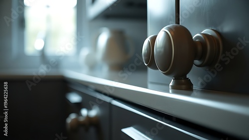 bakelite. Close-up of Art Deco style bakelite knobs on kitchen cabinet, vintage aesthetic. product launch decks, UI/UX mockups, designed for product launches and innovation pitches, clarifies data.