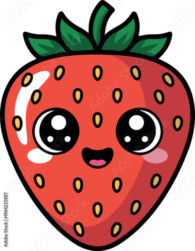Cute happy strawberry character emoticon with smiling face, funny fruit mascot, playful kawaii fruit expression vector illustration isolated