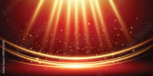 Luxury Red Background with Golden Light Rays and Sparkling Particles for Festive Design, Elegant Celebration Banner, Premium Branding, and Glamorous Presentation