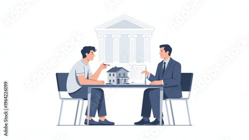 Two men discussing a house model at a table with a building in the background representing real estate or property investment concept