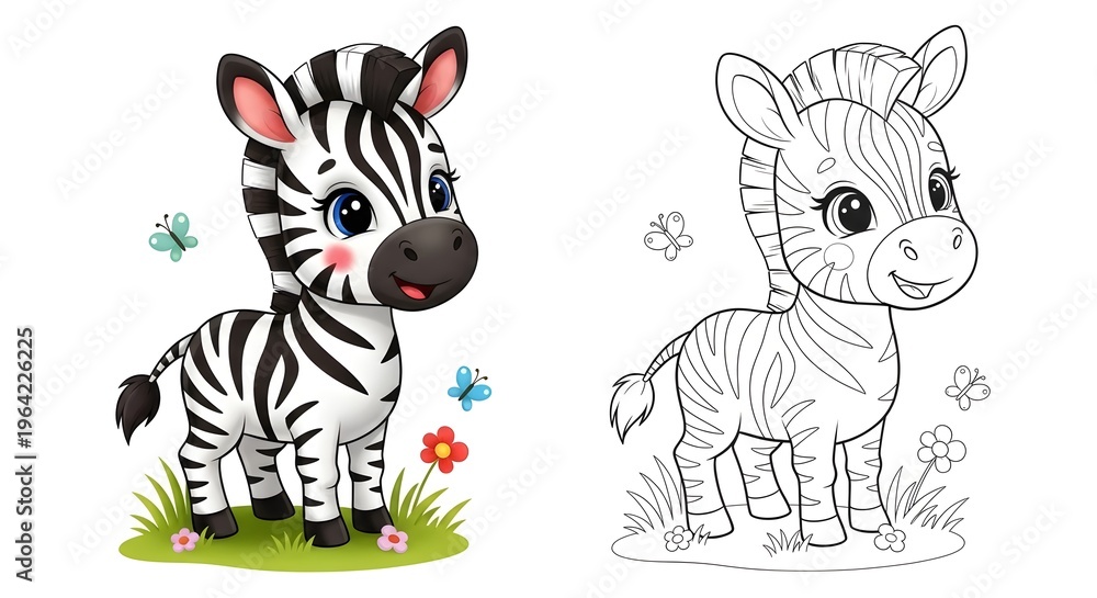 Fototapeta premium Colorful zebra illustration with floral background and line art counterpart