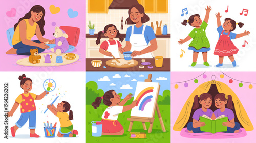 Mother and daughter engaging in various fun activities together at home and outdoors in a colorful illustration