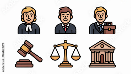 Law and justice icons set with lawyer judge attorney gavel scales and court building