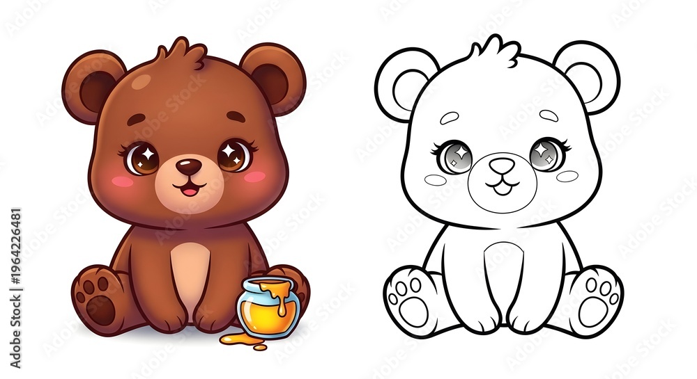 Obraz premium Colored and outline illustration of a cute teddy bear with a honey pot