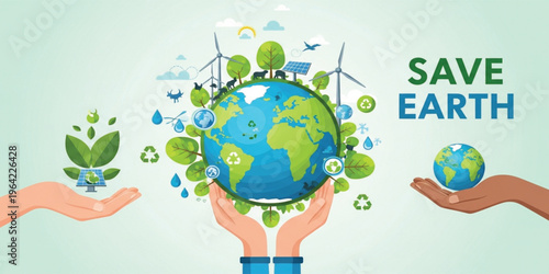 Save Earth Environmental Protection Concept with Green Energy, Renewable Resources, Recycling Symbols, Sustainable Development and Eco Friendly World Illustration Design
