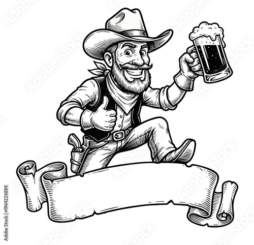 Retro Western cowboy illustration holding a frothy beer mug, smiling and celebrating, with blank ribbon banner for custom text, great for brewery, tavern, and festival design use.