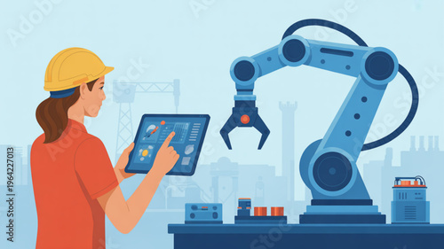 Female worker in hard hat operates robotic arm with tablet in industrial setting with blue background