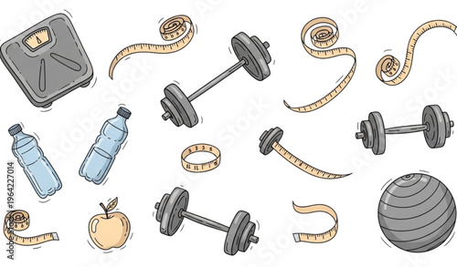 A colorful illustration of fitness equipment and healthy living symbols