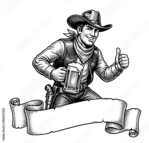 Retro Western cowboy illustration holding a frothy beer mug, smiling and celebrating, with blank ribbon banner for custom text, great for brewery, tavern, and festival design use.