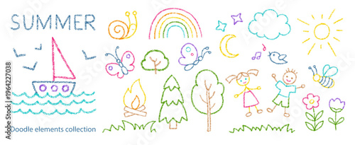 Kids crayon drawing of summer icons. Doodle pastel sun, boat in ocean, trees, rainbow and children. Summer elements set with flowers, bird, cloud, bee, snail, boy and girl, vector illustration