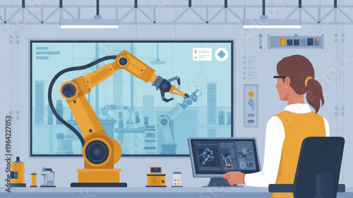 Woman operates robotic arm in industrial setting with computer screen and machinery