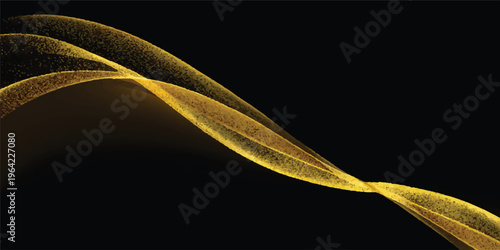 Abstract golden swirling light streaks and particles on a dark black background, elegant, luxurious, dynamic, modern design, gold dust, digital art, energy flow, light trail