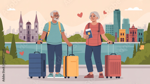 Senior couple on romantic getaway with luggage by the waterfront cityscape and heart symbols