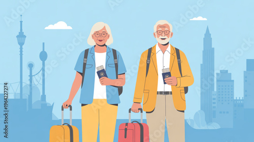 Senior couple traveling together with luggage and tickets in hand standing in front of a city skyline on a sunny day