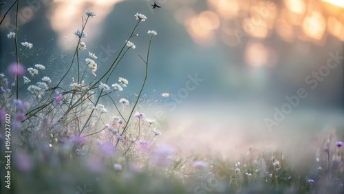 Wildflowers in misty meadow with soft dreamy light, delicate floral scene, natural background, spring summer concept, romantic landscape wallpaper