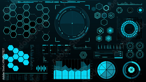 Futuristic interface with hexagonal grids circles and data visualizations