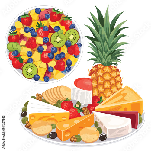 Colorful fruit and cheese platter with crackers and fresh pineapple