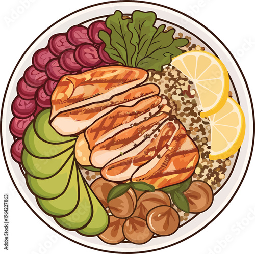 Colorful healthy food plate with grilled chicken quinoa