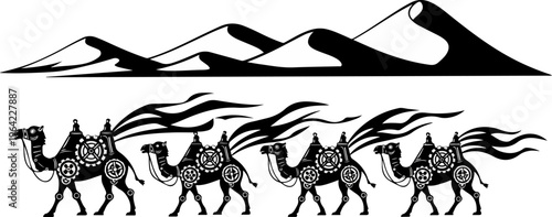 Ornate Camel Caravan Silhouette in Desert with Sand Dunes Decorative Middle Eastern Adventure Vector Illustration on White Background
