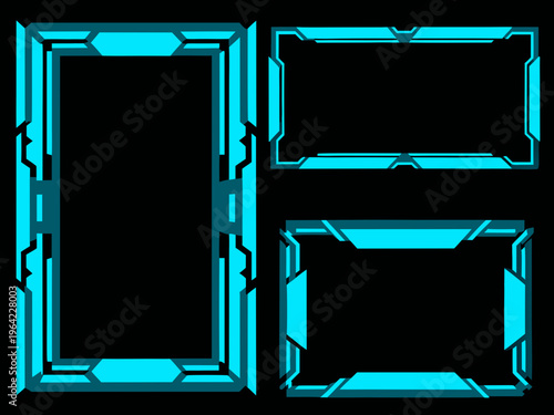 Futuristic cyan frames on a black background displaying geometric designs