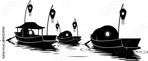 Traditional Fishing Boats Silhouette with Glowing Lanterns at Night Conceptual Asian Sampan River Scene Vector Illustration on White Background