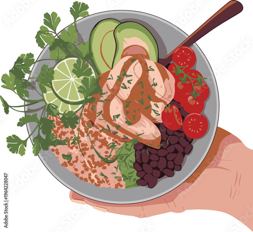 Colorful plate of healthy food with chicken, avocado and vegetables