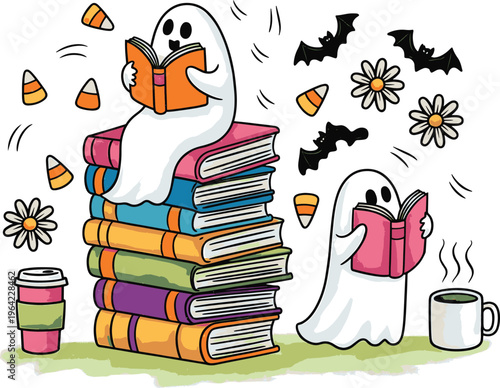 Ghostly readers enjoying spooky season, books and treats