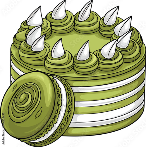 green cake with white frosting and macaroon on side