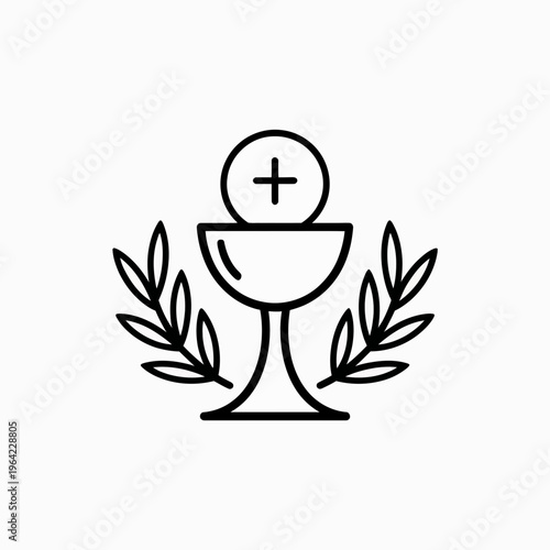 Sacred chalice with cross and laurel wreath symbolizing communion and faith isolated on white background, Vector, illustration