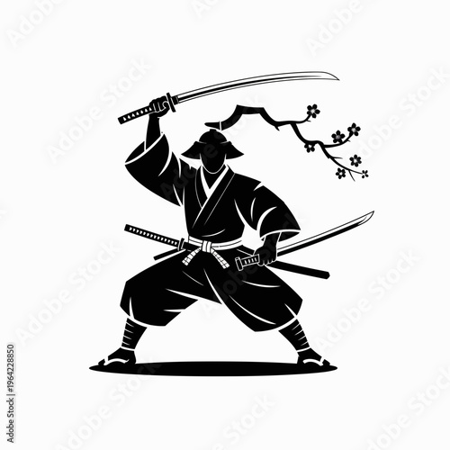 Samurai warrior wielding dual swords in traditional stance isolated on white background, Vector, illustration