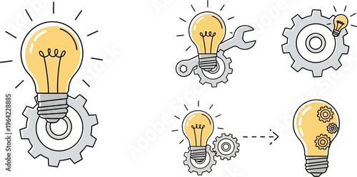 Collection of illustrations depicting light bulbs and gears, symbolizing ideas, innovation, problem-solving, and mechanical processes in a creative context.