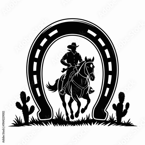 Black and white silhouette of a cowboy riding a bucking bronco isolated on white background, Vector, illustration