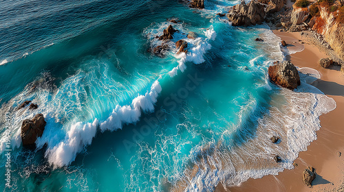 aerial view of turquoise ocean waves meeting white sandy beach.
