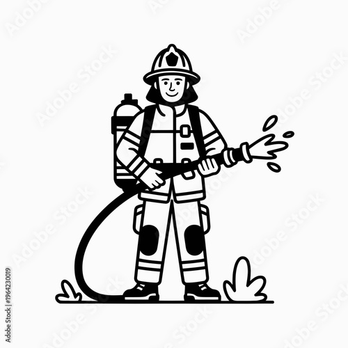 Firefighter holding a hose and waving at the camera isolated on white background, Vector, illustration