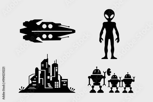 Alien encounter with futuristic robots and cityscape in black and white isolated on white background, Vector, illustration