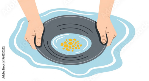 Illustration of hands panning for gold in a shallow dish of water with a gray pan and yellow nuggets