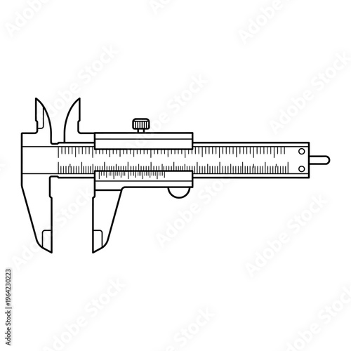 Outline vector icon of caliper measuring tool, engineering precision instrument, clean CAD-like lines, no text 