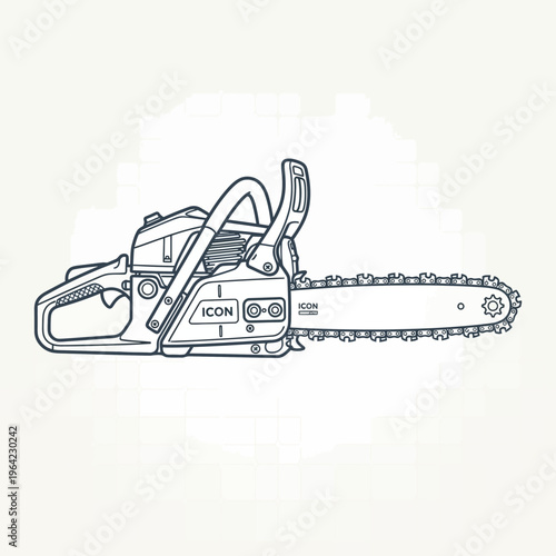 Outline vector icon of chainsaw tool, mechanical cutting equipment, precise line detail

