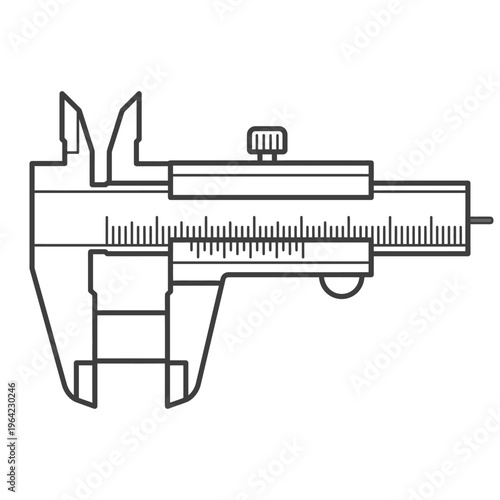 Outline vector icon of caliper measuring tool, engineering precision instrument, clean CAD-like lines, no text 