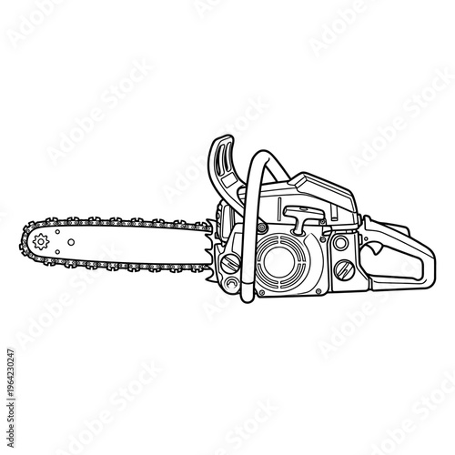 Outline vector icon of chainsaw tool, mechanical cutting equipment, precise line detail

