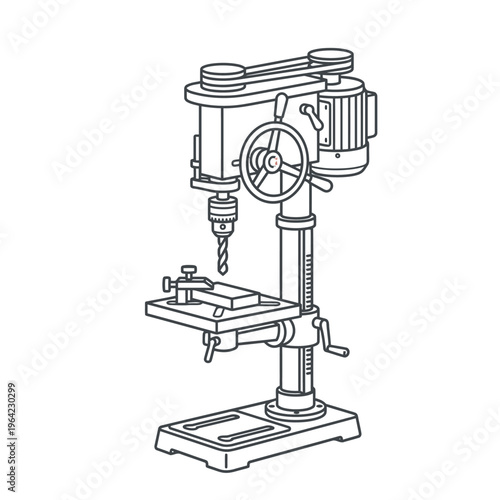 Outline vector icon of drill press machine, vertical structure, engineering equipment style


