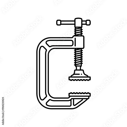 Outline vector icon of industrial clamp tool, mechanical grip device, precise lines

