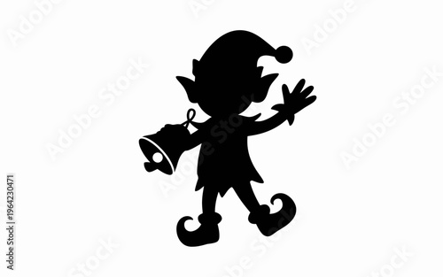 Classic elf character holding a bell and waving with a pointy hat isolated on white background, Vector, illustration