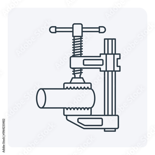 Outline vector icon of industrial clamp tool, mechanical grip device, precise lines

