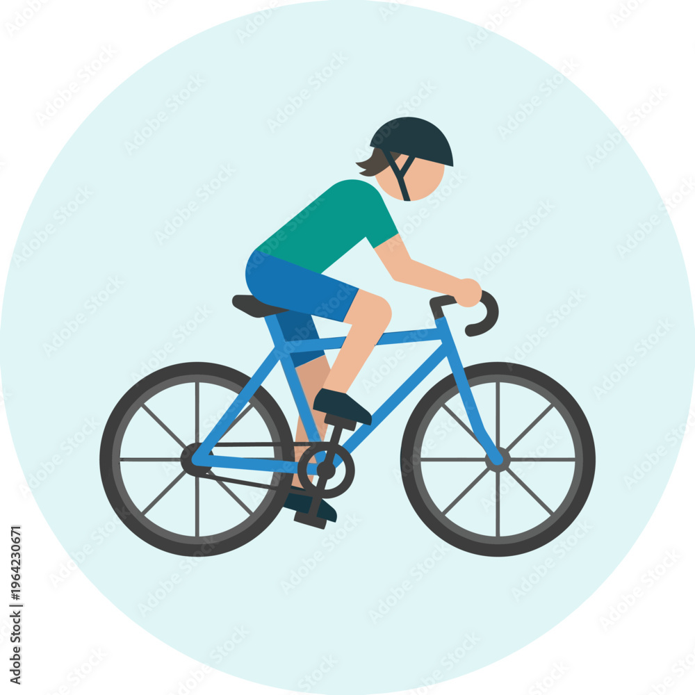 Naklejka premium Flat vector icon of person riding bicycle side view, clean geometry, no gradient