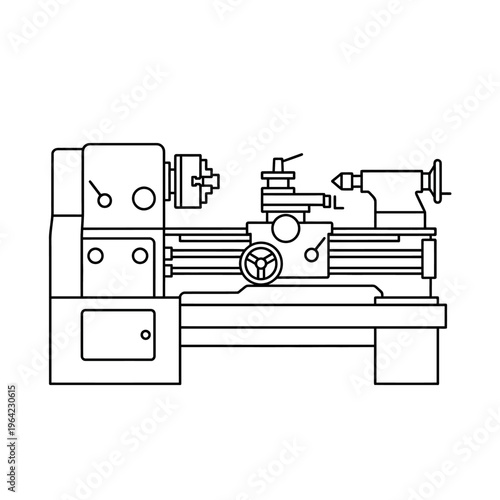 Outline vector icon of lathe machine, simplified industrial machinery, CAD style 