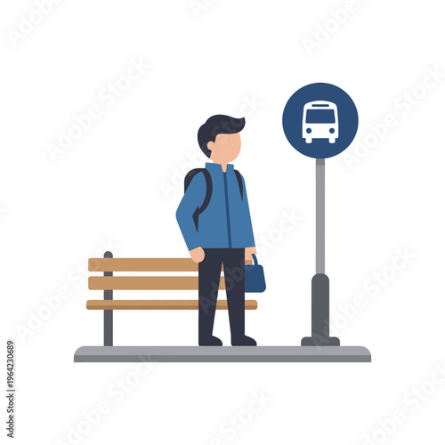Flat vector illustration of a person waiting at a bus stop, urban daily life scene 
