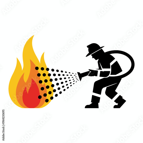 Firefighter using a hose to extinguish a large flame isolated on white background, Vector, illustration