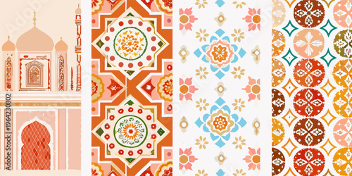 Indian architectural motifs and colorful patterned textiles displayed in a grid