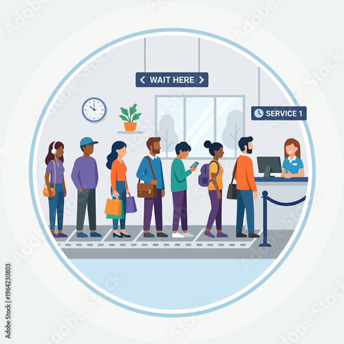 Flat vector icon of queue line with people standing, daily situation